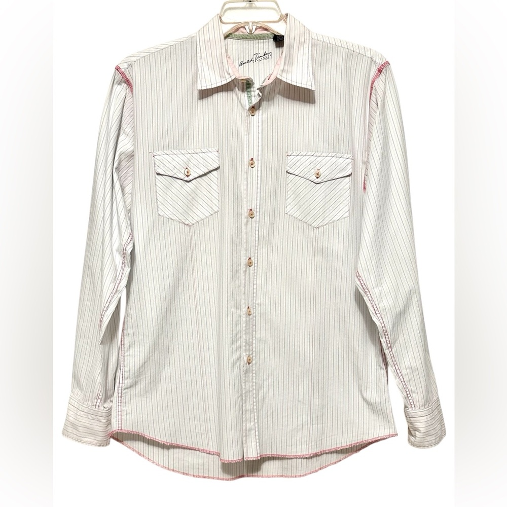 Arnold Zimberg White Pastel Pinstriped Striped Button Down Dress Shirt Men's M